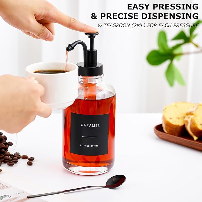Coffee Syrup Dispenser for Bar Glass Syrup Bottle with Pump Coffee Pump Dispenser Bottle with Tray Spoon for Station16.9 oz Black 500 ml