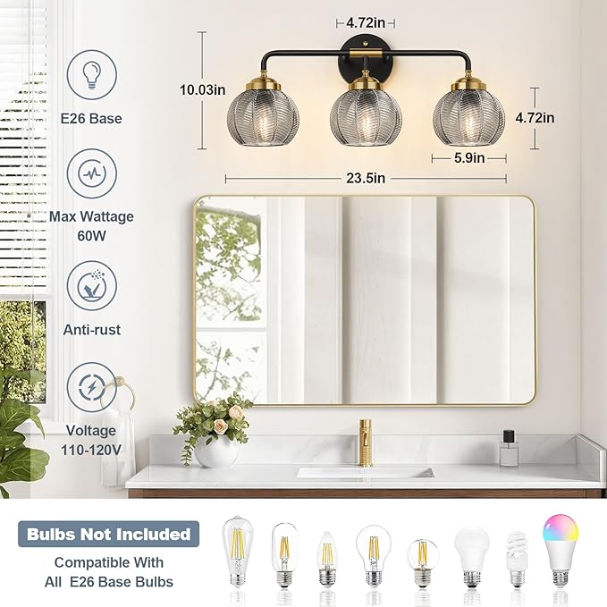 Bathroom Light Fixtures 3-Light Smokegray Vanity Lights with Unique Leaf Texture Glass Shade Modern Matte Black and Gold Bathroom Wall Lamp for Mirror Hallway Cabinet Living Room