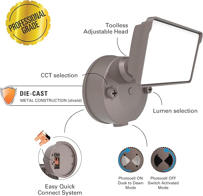 HALO FGS Outdoor LED Security Floodlight 120V w/Selectable CCT &amp Lumens Dusk to Dawn Wall or Eave Mounting - Bronze FGS30CLD2DB