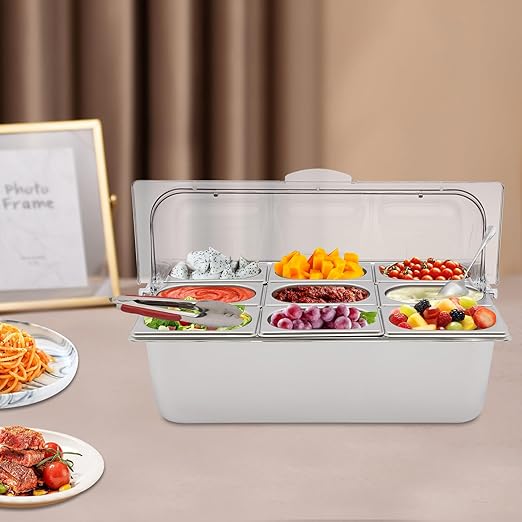 9-Compartment Stainless Steel Food Serving Tray with Lid Countertop Buffet Condiment Dispenser Display Container with Ice Packs 9 Tongs &amp Spoons for Restaurant Hotel Kitchen Party