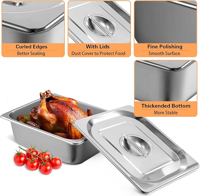 1/2 Size Hotel Pan with Lids 4 Pack 4'' Deep Steam Table Pan 12.8''L x 10.4''W Stainless Steel Pans for Home Party Hotel Buffet