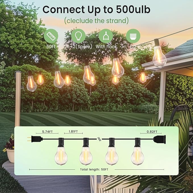 Outdoor String Lights 50FT LED String Lights for Outside with 27 A39 Waterproof Edison Bulbs (2 Spare) Patio Lights Outside Hanging for BistroBalconyPorchYardGardenBlack Cord