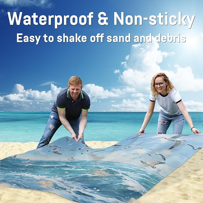 Waterproof Sandproof Beach Blanket 59''×68'' Oceans Polyester Outdoor Picnic Blanket with 4 Stakes &amp Storage Bag for BeachCampingVacation Birds