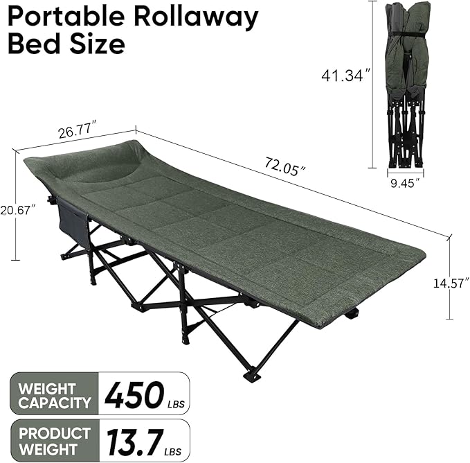 Northroad Camping Cot for Adults with Cushion and Pillow Portable Folding Bed for Sleeping Lightweight Tent cot with Carry Bag Supports 450 lbs (Green)