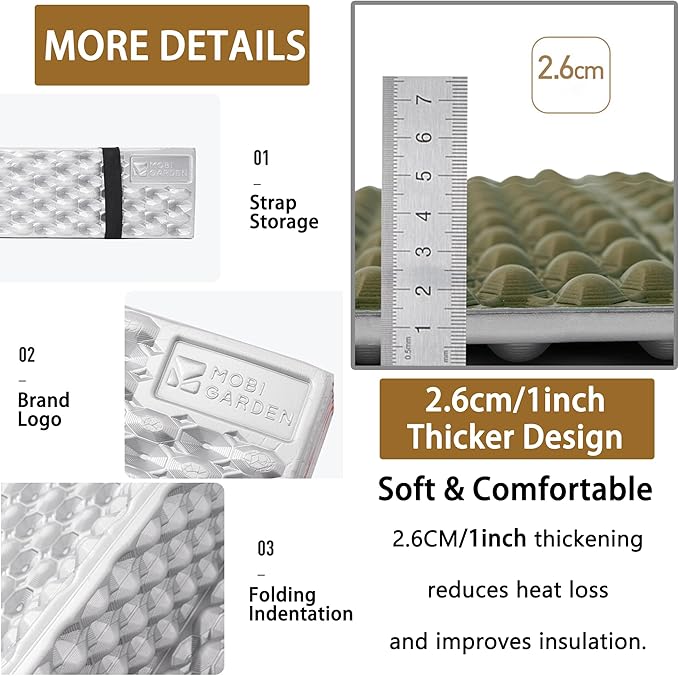 R2.6 3-Season Foam Sleeping Pad 1inch Thickened Ultralight Closed Cell Camping Mattress with Bandage Waterproof Thermal Folding Sleeping Pad Suitable for Backpacking Camping