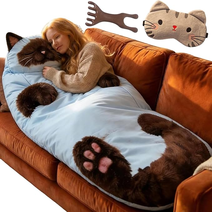 Cat Sleeping Bag Fluffy Cat Sleeping Bag for Human Washable Adorable Cat Envelope Sleeping Bags for Indoor Use or Camping