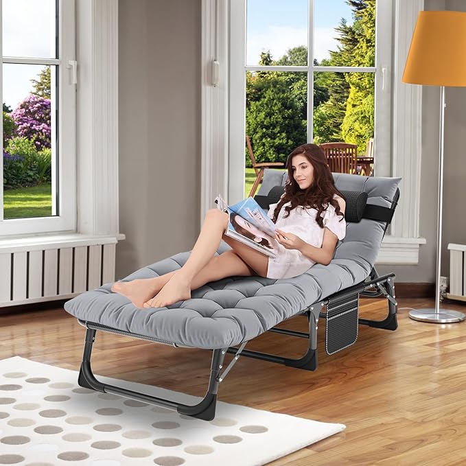 ABORON 5 Positions Camping Cots for AdultsOutdoor Folding Sleeping Cot/MatFolding Chaise Lounge Chair with PillowPortable Reclining Chair for Beach Lawn Camping PoolSunbathing Chairs