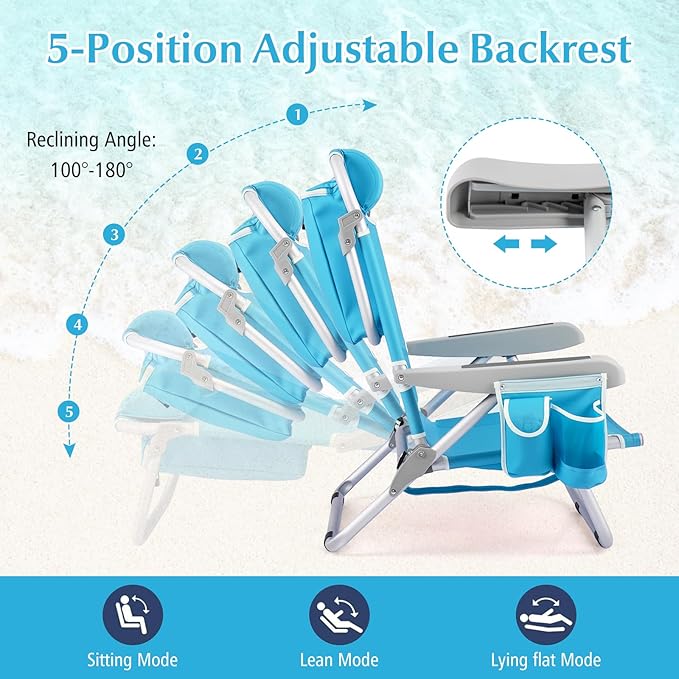 GYMAX Beach Chair 330lbs Backpack Lounger with 5-Position Backrest Storage Bag Side Pocket Towel Bar &amp Headrest Foldable Low Beach Lounge Portable Aluminum Lay Out Camp Chair (2 Light Blue)