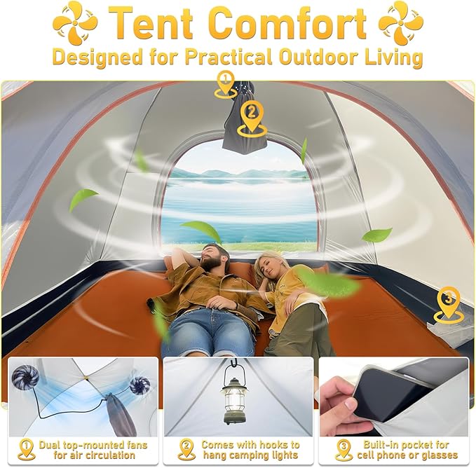 Instant Pop Up Tent for Camping - 2-3 Person Waterproof Tent with Air Circulation Fan UPF 50+ Sun Protection 60-Second Setup for Family and Backpacking