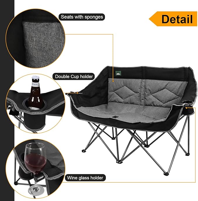 Northroad Folding Loveseat Camping Chair Portable Double Duo Full Padded Garden Chair for 2 Person Sofa w/ 2 Cup HolderWine Glass HolderMesh StorageSupport 500lbs for Picnic Beach Travel