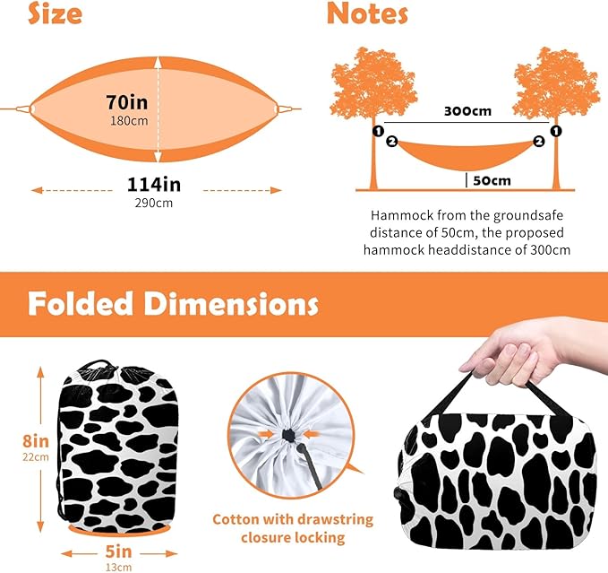 Cow Print Camping Hammock Outdoor Double Single Hammocks with 2 Tree Straps Lightweight Portable Heavy Duty Nylon Hammocks for Backpacking Travel Beach Backyard Patio Hiking