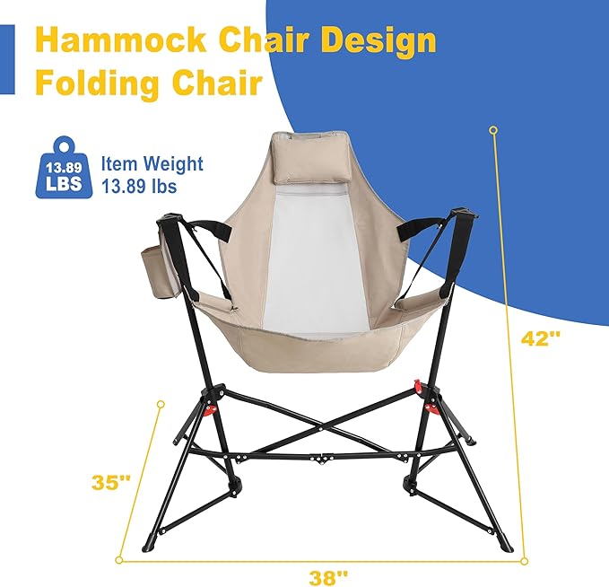 Hammock Camping Chair Portable Chairs with Pillow Cup Holder and Carry Bag Lightweight Foldable Chair for Outside Camping Hiking Travel Beach and Sports (Khaki)