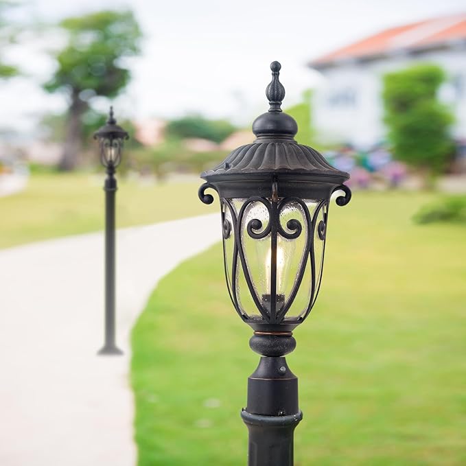 24 Inch High Outdoor Post Light Fixture with Dusk to Dawn Sensor Bronze Post Lantern with Pier Mount Exterior Pole Lighting with Seeded Glass for Yard Garden Patio and Pathway LMMS0519-M