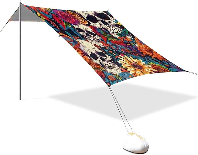 Beach Tent Sun Shelter Skull Bright Flowers Lightweight &amp Easy Setup Beach Shade Canopy for Camping Fishing