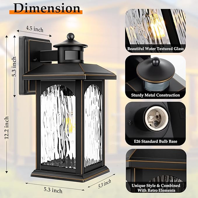 2 Packs Motion Sensor Outdoor Sconce - Advanced Dusk to Dawn Outdoor Lighting Retro Motion Sensor Porch Light Fixtures Black Waterproof Exterior Lantern Wall Mount for Garage Outside Anti-Rust