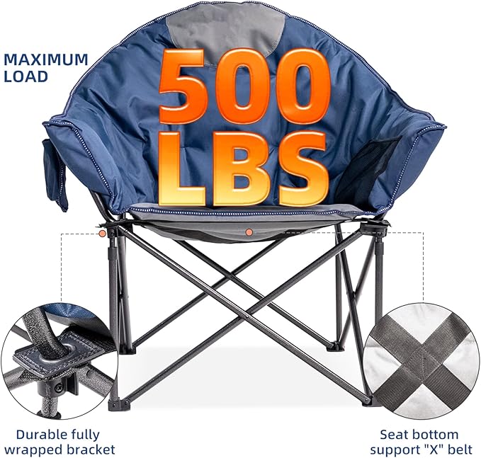 Oversized Camping Chair with Cup Holder &amp Carry Bag - 500lbs Heavy Duty Moon Saucer Chair for Outdoor Lawn Sports Patio - Padded Folding Sofa Chair Light Blue &amp Gray