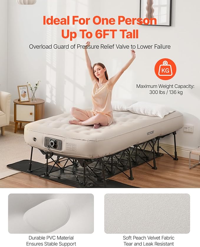 VEVOR Air Mattress with Frame Inflatable 1 Person Camping Cot with Built-in Pump Portable Folding Air Beds Supports 300 lbs Blow Up Bed for Guests Camping Travel Indoor &amp Outdoor Use