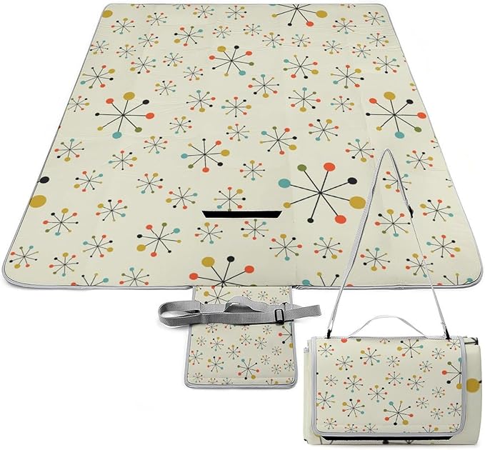 Modern Atomic Stars Retro Colors Stock Illustration Waterproof Outdoor Picnic Blanket Sandproof Beach Mat for Camping Hiking Grass Travelling