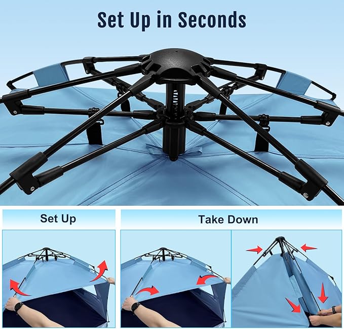 WhiteFang Deluxe Pop Up Beach Tent Sun Shade Shelter for 3-4/5-6 Person UV Protection Extendable Floor with 3 Ventilating Windows Plus Carrying Bag Stakes and Guy Lines