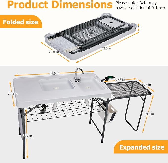 Outvita Fish Cleaning Table 42.5 HDPE Outdoor Fish Cleaning Station with Sink Extended Grid and Trash Can 360° Stainless Steel Faucet Drainage Hose Working Platform for Camping Food Handling