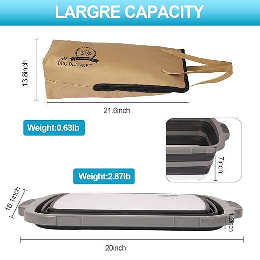 Collapsible Large BBQ Prep Tub &amp BBQ Resting Bag Foldable Cutting Board with Lid BPA Free Silicone Dish Bowl Leak Free Drain Hole for Meal Prep Marinating Food Storage(Black)