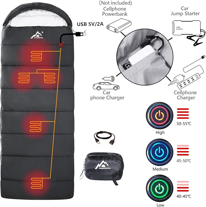 Heated Sleeping Bag - 5pcs Multi USB Power Support Heating Pads Operated with Battery Power Bank or Other USB Supplies Portable Compact Envelope Style Bag