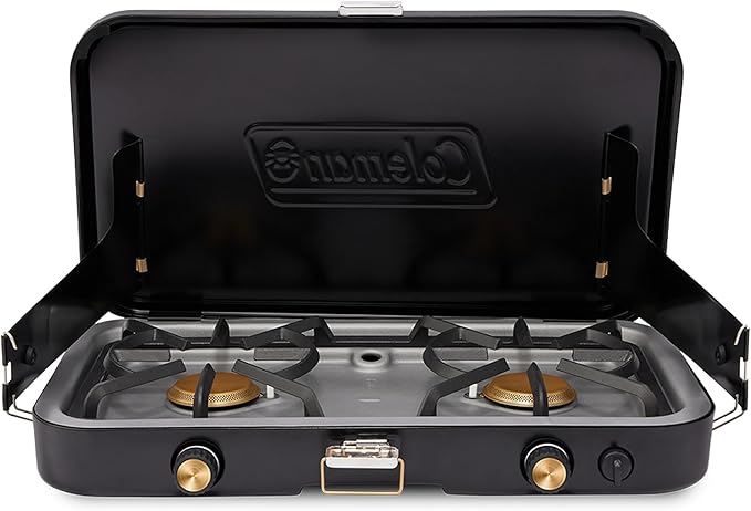 Coleman 1900 Collection 3-in-1 Propane Camping Stove Cast Iron Grill &amp Griddle Accessories Included 24000 BTUs Across 2 Adjustable Burners with Wind Guards &amp Matchless Lighting