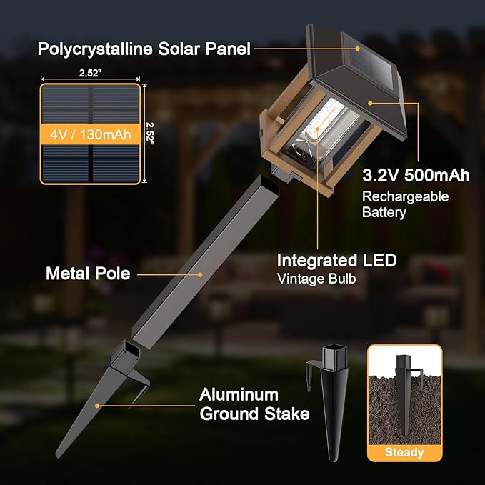 XMCOSY+ 4-Pack Solar Pathway Lights Outdoor 25 Lumens Vintage Edison LED Landscape Lighting IP65 Waterproof Seeded Glass &amp Metal Stakes Solar Powered Garden Lights for Yard Patio Walkway Drivewa