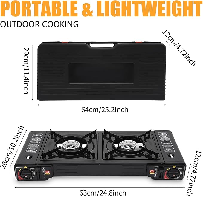 Portable Camping Stove｜24000 BTU Dual Burner Gas Grill w/Removable Case｜Compact 24.8 Outdoor Cooker for RV Tailgating｜Stainless Steel 2-Burner Propane Stove