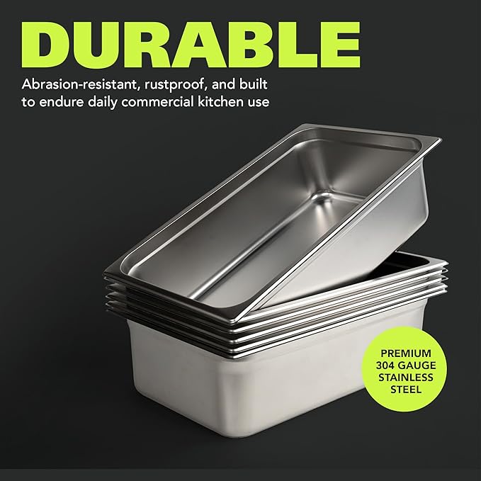 Pearington 12-Piece Full-Size Hotel Pans with Lids 21L Steam Table Capacity Ideal for Catering and Commercial Use 304 Stainless Steel 20.8 x 13 x 5.9
