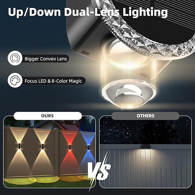 4 Pack Solar Fence Lights RGBW 8-Color Changing Waterproof Top and Bottom Lighting Wall for Landscape/Fence/Patio/Wall/Garden Christmas Solar Lights (2 Installation Modes)