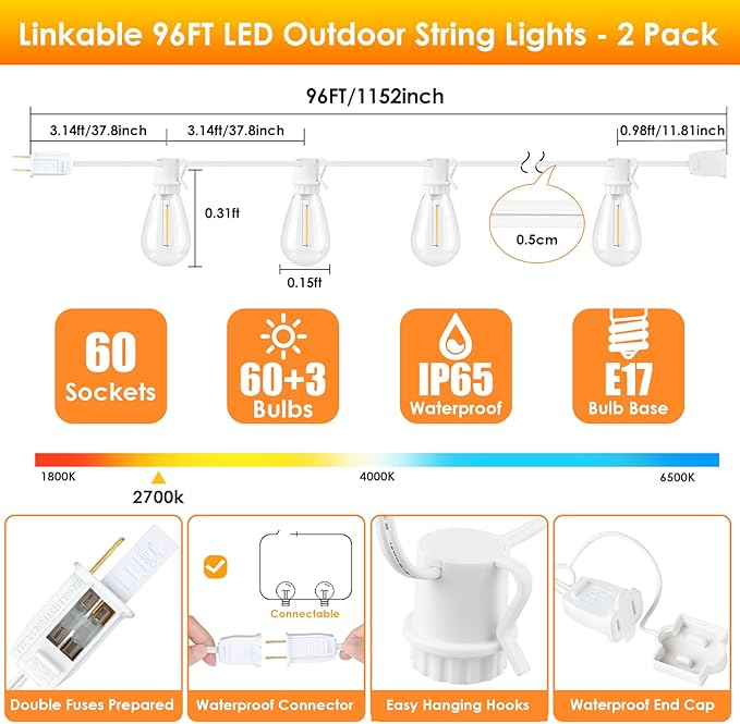 192FT(2x96FT) LED Outdoor String Lights Linkable Patio Light with 60+3 2700K Waterproof Dimmable Hanging Bulbs for Pergola Cafe Wedding-White