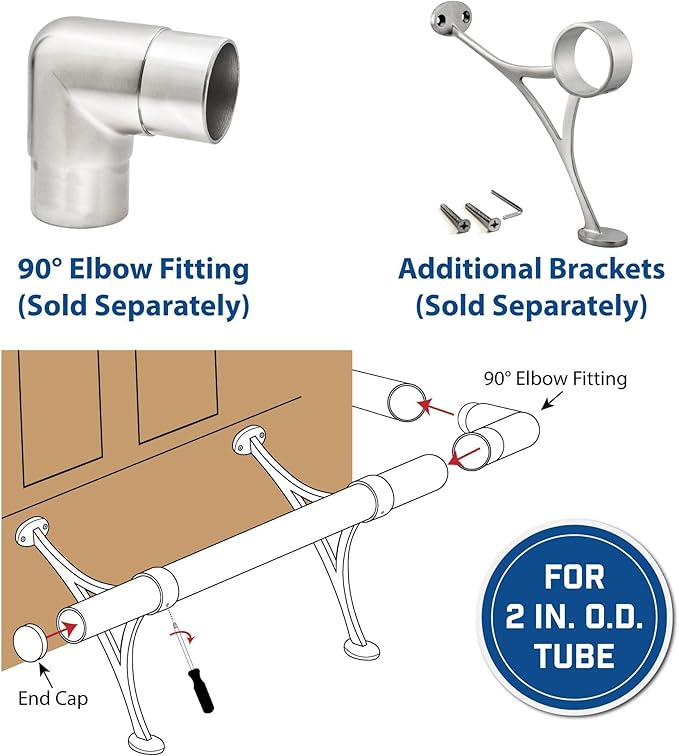 OUTWATER 2 Diameter x 4' Bar Foot Rail Kit – Complete Undercounter Mount Hardware and Tubing Dome End Cap Satin Stainless Steel Finish
