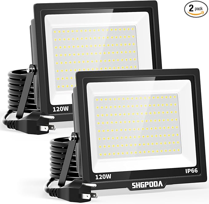 120W Flood Lights Outdoor 14400LM Brighter LED Security Light with Plug IP66 Waterproof 5000K Daylight Floodlight for Yard Garage Stadium 2 Pack