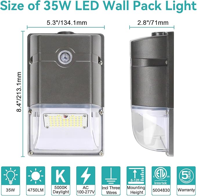 HiBay 8-Pack 35W Dusk to Dawn LED Wall Pack Lights Outdoor 4750LM 5000K Outside Light Fixture Replace 150-250W HPS/HID IP65 Photocell Security Flood Lighting AC 100-277V