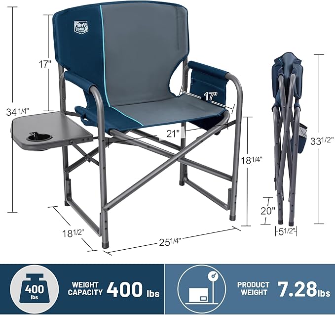 TIMBER RIDGE Aluminum Oversized Camping Chair Lightweight Portable Directors Chair with Side Table Detachable Side Pocket for Outdoor Camping Lawn Picnic Support 400lbs Blue 2 Pack
