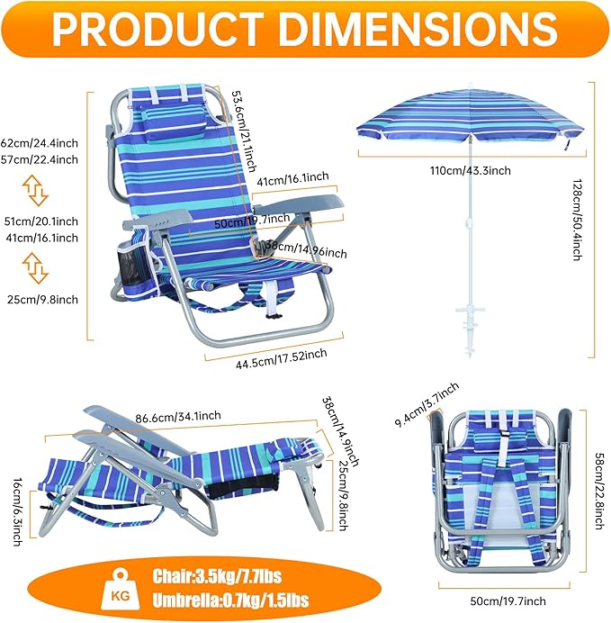 Kids Beach Chair Blue Striped 5-Position Reclining Aluminum Frame Backpack-Foldable Umbrella with Sand Anchor Cup Holder Storage Pocket Perfect for Kids (1-Pack)