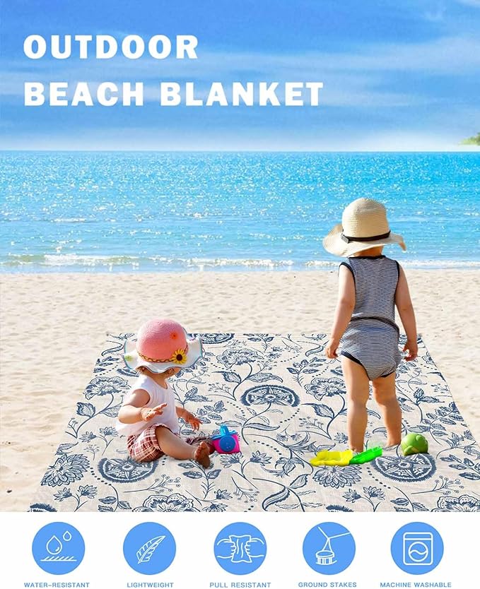 Beach Blanket Waterproof Sandproof Picnic Blanket 108x84 Foldable Beach Mat with Retro Farmhouse Farmhouse Flowers Pastoral Coral Red Pattern for Camping Park Grass Beach Travel