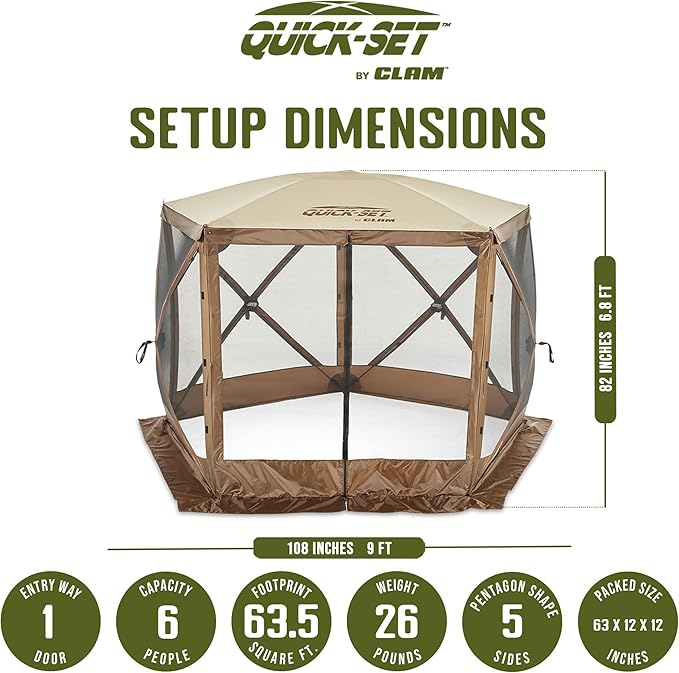 CLAM Pop Up Screen Tent Outdoor Camping Gazebo Canopy Venture 9' x 9' Brown