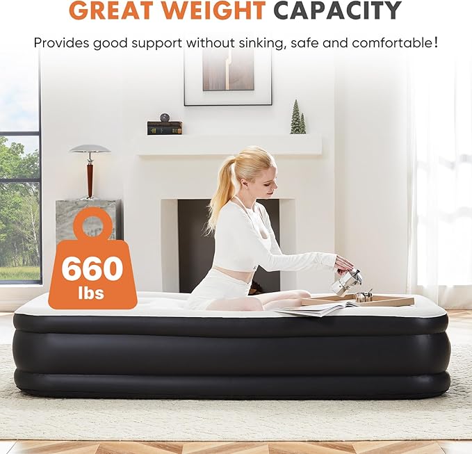 22 Inflatable Air Mattress with Built-in Pump Double Height Non-Slip 660lb Capacity - Queen Size
