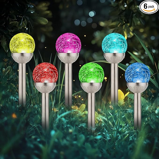 Solar Lights Outdoor 6 Pack LED Color Changing Stainless Steel IP66 Waterproof Crystal Cracked Glass Solar Garden Lights Christmas Lights Outdoor for Landscape Yard Walkway Pathway Multicolor