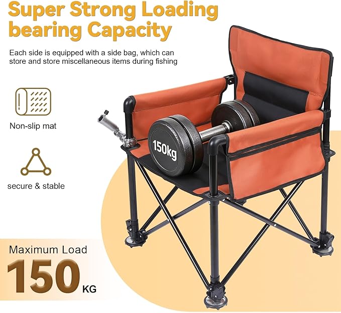 Foldable Fishing Chair Heavy Duty Portable Adjustable Camping Chair with Rod Holders Non-Slip Feet Carrier Bag for Outdoor Fishing Travel Beach Orange