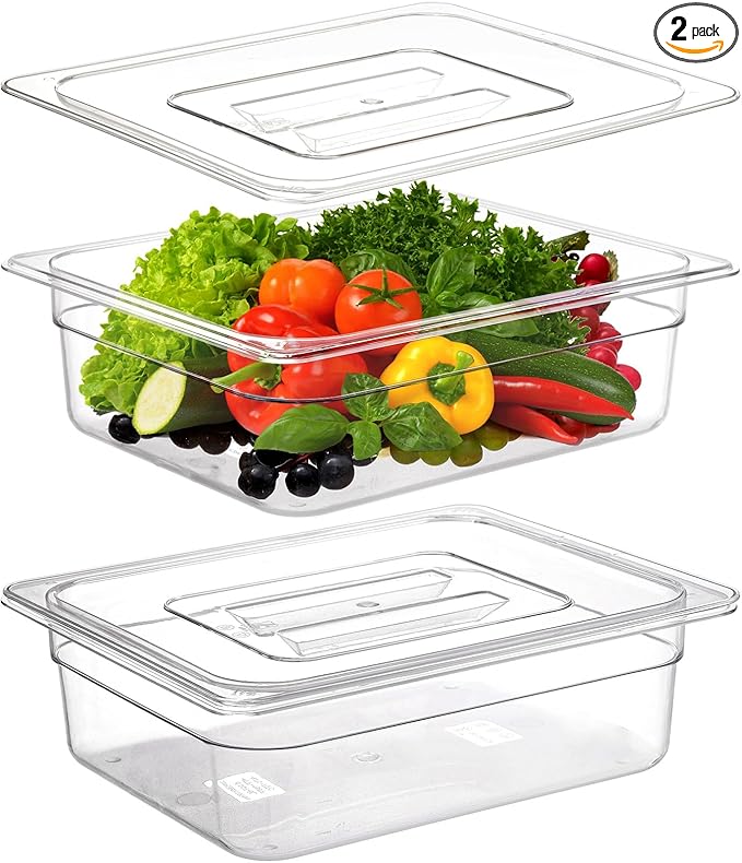 Bekith 2 Pack Clear Polycarbonate Food Pans with Lids Half Size 4 Inch Deep Stackable Plastic Food Pans for Commercial Kitchen Restaurant Food Prep Freezer-Safe
