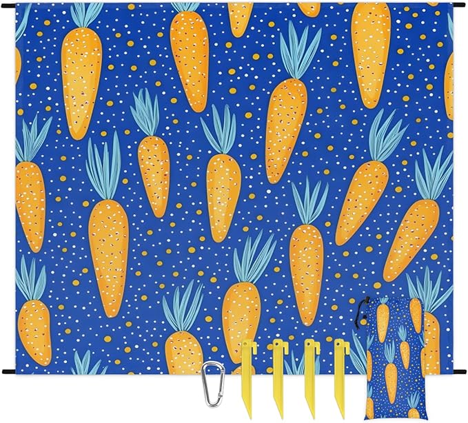 Waterproof Sandproof Beach Blanket 59''×68'' Star Carrots Polyester Outdoor Picnic Blanket with 4 Stakes &amp Storage Bag for BeachCampingVacation Blue