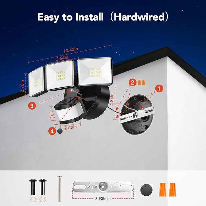 OREiN Motion Sensor Outdoor Flood Light 26W 3500LM LED Security Light 240° 40FT Detection Dusk to Dawn/Auto/Test Modes IP65 Waterproof for Garage Yard Porch Driveway (Hardwired)