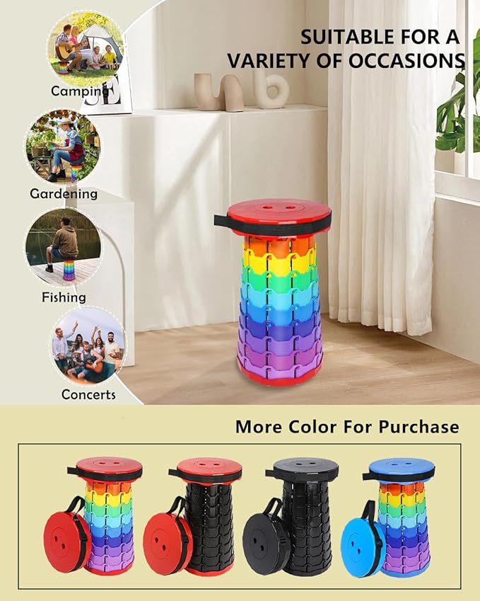 Upgraded Collapsible Stool 400LBS - Portable Adjustable Height (2.5-18) Quick Open Folding Seat for Camping Beach Travel (Rainbow Red)