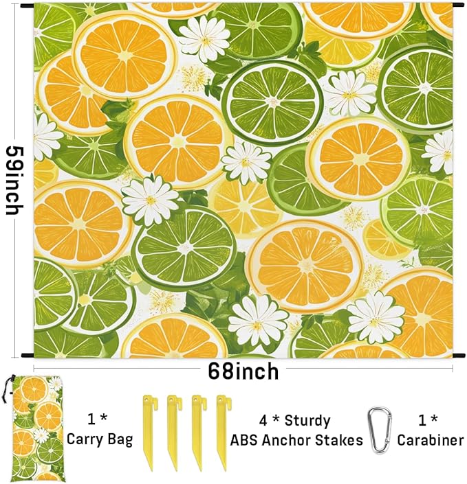 Waterproof Sandproof Beach Blanket 59''×68'' Lemon Seamless Pattern Polyester Outdoor Picnic Blanket with 4 Stakes &amp Storage Bag for BeachCampingVacation