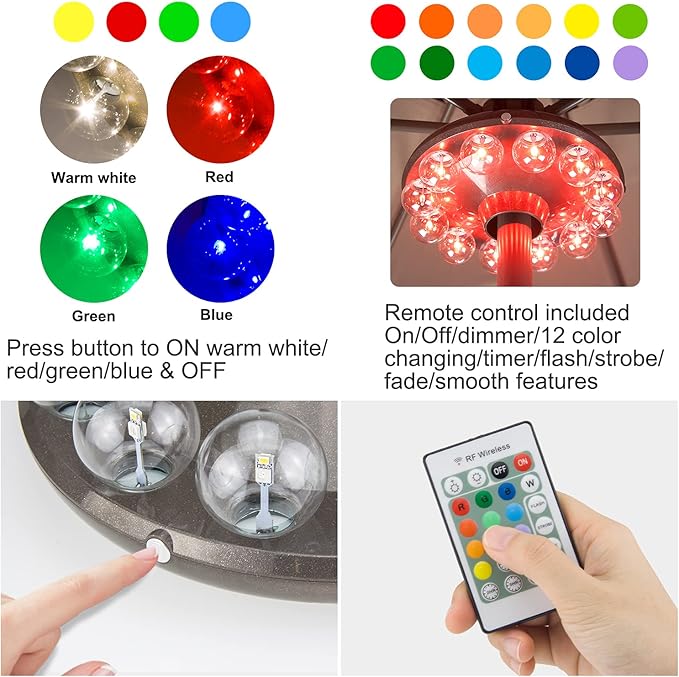 LUXSWAY Umbrella Lights Battery Operated12 Color Changing Outdoor Patio Umbrella Light for Pole with 80Ft Remote12 Clear Bulb 48 LEDs4 Modes4 Timer OptionUmbrella Hanging Light for CampingBBQ