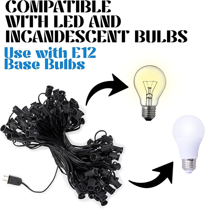 Holiday Lighting Outlet C7 Christmas Light String Patio and Event Lighting Black Cord 12 Socket Spacing SPT-1 (100')