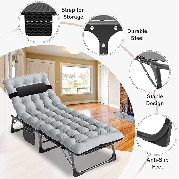 ABORON 5 Positions Camping Cots for AdultsOutdoor Folding Sleeping Cot/MatFolding Chaise Lounge Chair with PillowPortable Reclining Chair for Beach Lawn Camping PoolSunbathing Chairs